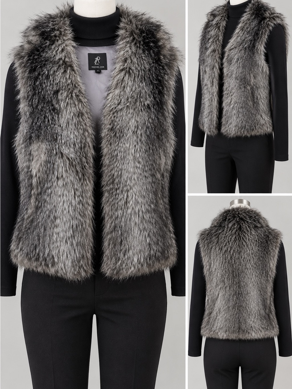 Rachel Zoe gray silver faux fur vest size L luxe lined